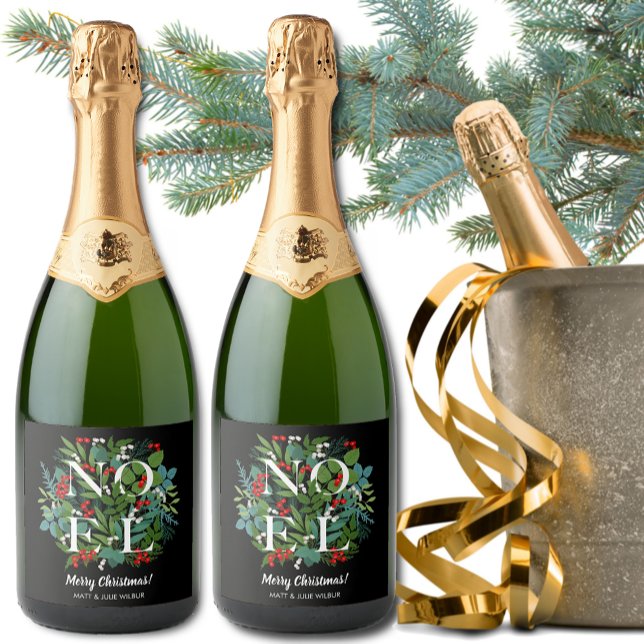 Étiquettes Pour Bouteilles De Vin Mousseux NOEL Green Berries Holiday (Créateur téléchargé)