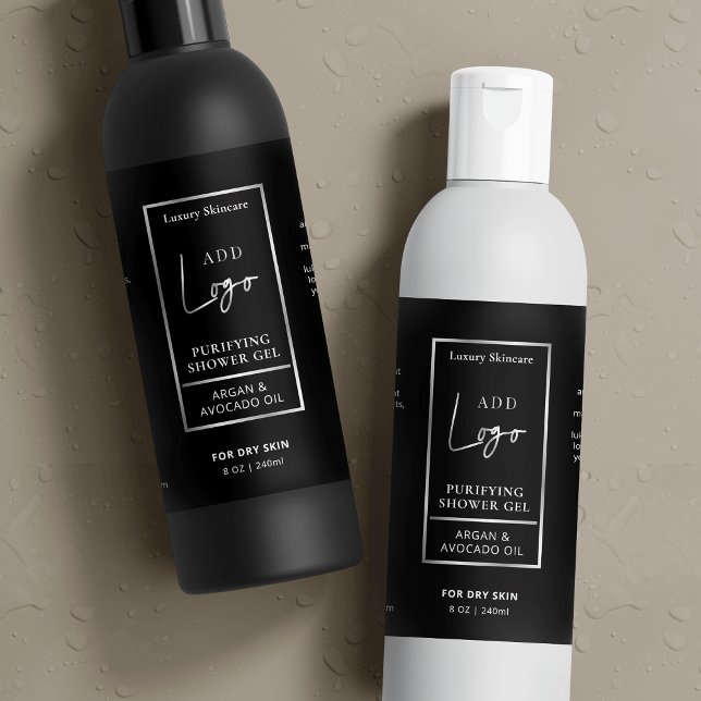 Étiquettes Pour Bouteilles De Vin Mousseux Noir Argent 8 OZ Bouteille cosmétique étanche Étiq (Black and silver logo skincare product labels with ingredients and faux chrome effectcts)