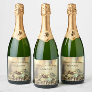 Étiquettes Pour Bouteilles De Vin Mousseux Nom de la réception de mariage Date Gold Script