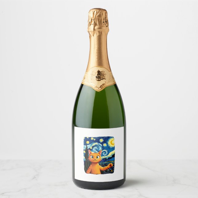 Étiquettes Pour Bouteilles De Vin Mousseux Orange Chat Selfie Starry Night Chat Maman Amoureu (Devant)