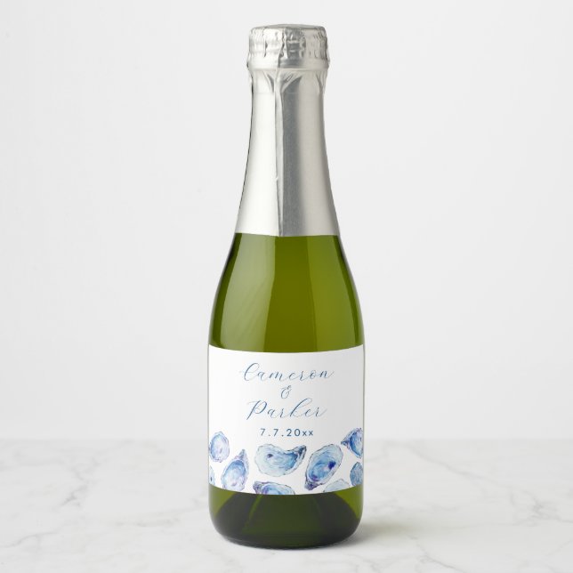 Étiquettes Pour Bouteilles De Vin Mousseux Oyster Blue Aquarelle Mariage Faveur Mini (Devant)