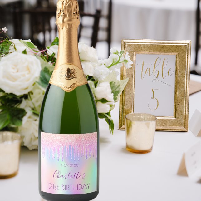 Étiquettes Pour Bouteilles De Vin Mousseux Parties scintillant holographique rose pirple gout (Créateur téléchargé)