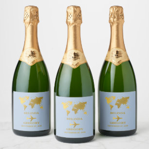 Étiquettes Pour Bouteilles De Vin Mousseux Passeport de mariage de destination Monde Bleu pou