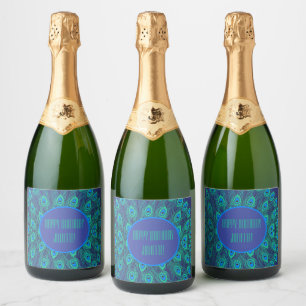 ÉTIQUETTES POUR BOUTEILLES DE VIN MOUSSEUX PEACOCK FEATHER MOTIF MOTIF ANNIVERSAIRE BLEU VERT