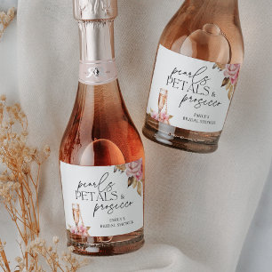 Étiquettes Pour Bouteilles De Vin Mousseux Perles Pétales & Prosecco Fête de Mariage Florale