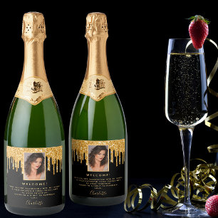 Étiquettes Pour Bouteilles De Vin Mousseux Photo d'anniversaire 21 ans noir paillettes dorées