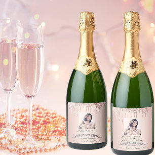 Étiquettes Pour Bouteilles De Vin Mousseux Photo d'anniversaire rose or fun faits bio