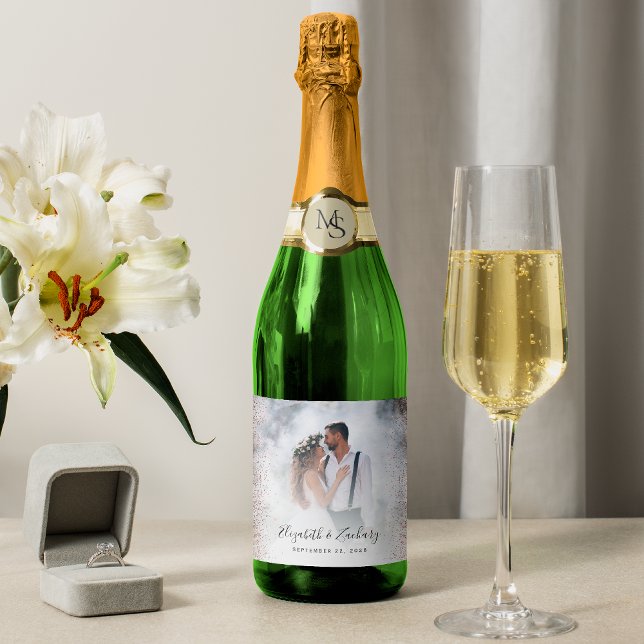 Étiquettes Pour Bouteilles De Vin Mousseux Photo de mariage Rose Gold Pailleté (Créateur téléchargé)