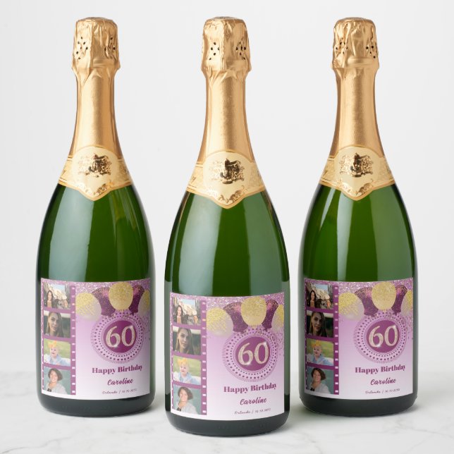 Étiquettes Pour Bouteilles De Vin Mousseux Photos, 60e anniversaire Rose Parties scintillant  (Bouteilles)