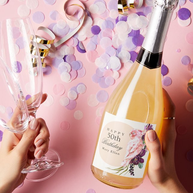 Étiquettes Pour Bouteilles De Vin Mousseux Pink Parrot Boho Tropical 50e anniversaire (Créateur téléchargé)