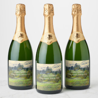 Étiquettes Pour Bouteilles De Vin Mousseux Pins peinture aquarelle
