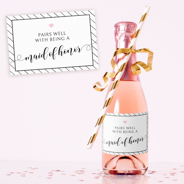 Étiquettes Pour Bouteilles De Vin Mousseux Proposition de la femme d'honneur noir rose étince (Créateur téléchargé)