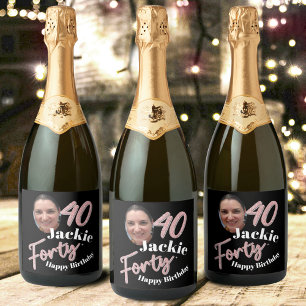 Étiquettes Pour Bouteilles De Vin Mousseux Quarante script photo rose rose 40e anniversaire