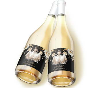 Étiquettes Pour Bouteilles De Vin Mousseux Quinceañera Personnalisé Luxe Black Ivory Gold