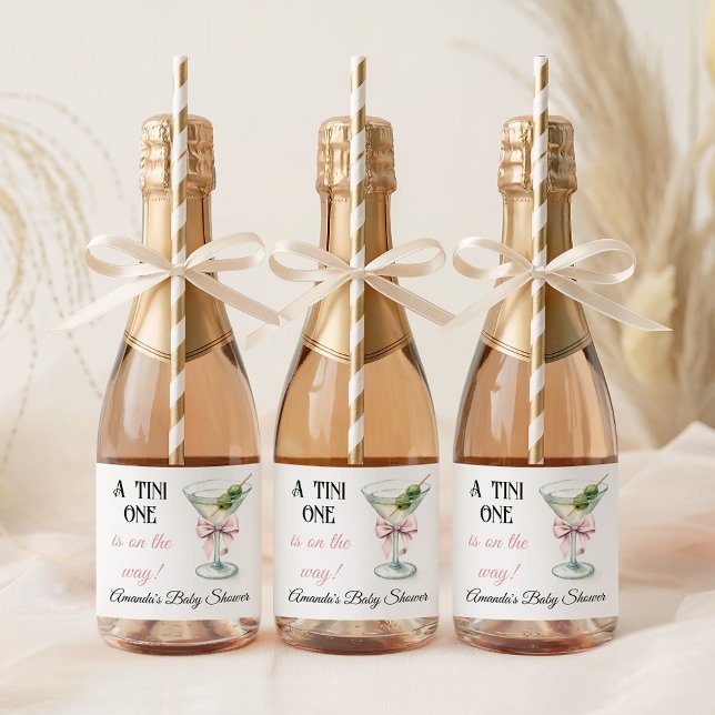 Étiquettes Pour Bouteilles De Vin Mousseux Retro A Tini One Martini Pink Bow Girl Baby Shower (Créateur téléchargé)