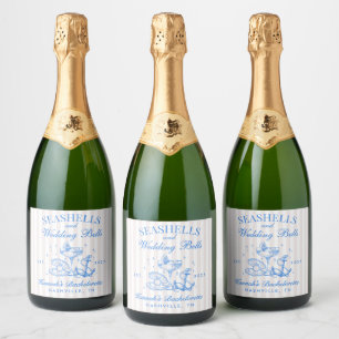Étiquettes Pour Bouteilles De Vin Mousseux Retro Blue Coquillages & Cloches de Mariage Enterr