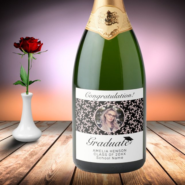 Étiquettes Pour Bouteilles De Vin Mousseux Rococo Pink Black Graduate Photo Graduate (Créateur téléchargé)