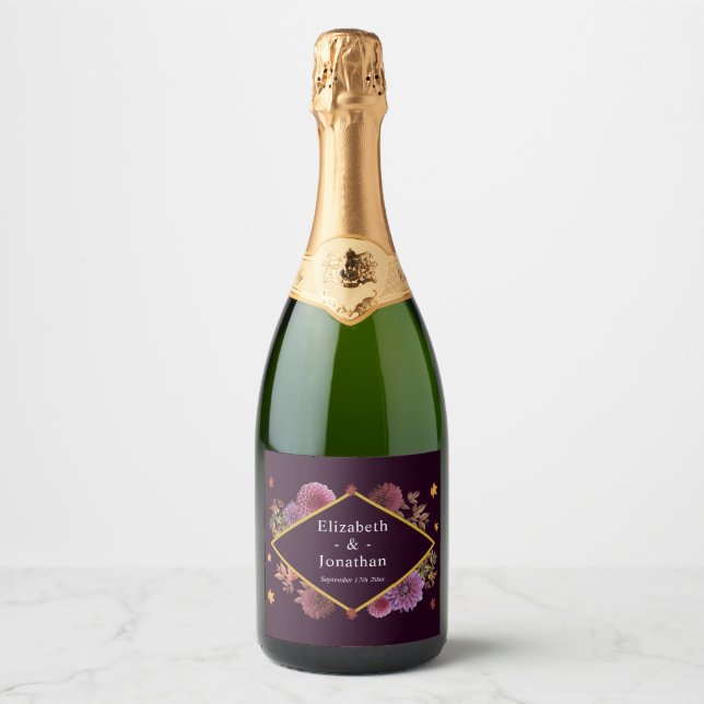 Étiquettes Pour Bouteilles De Vin Mousseux Romantique Automne Dahlia Mariage (Devant)