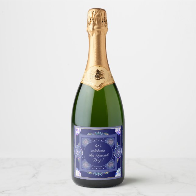 Étiquettes Pour Bouteilles De Vin Mousseux Rosace bleue (Devant)