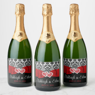 Étiquettes Pour Bouteilles De Vin Mousseux Rouge, Noir, Blanc Damas Amour Coeurs Mariage