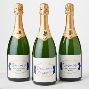 Étiquettes Pour Bouteilles De Vin Mousseux Royal Blue et Gold Geometry Quinceañera