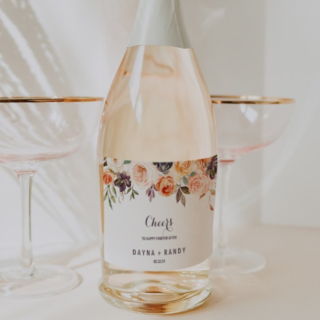 Étiquettes Pour Bouteilles De Vin Mousseux Rustique Automne Élégant Mariage Floral (Créateur téléchargé)