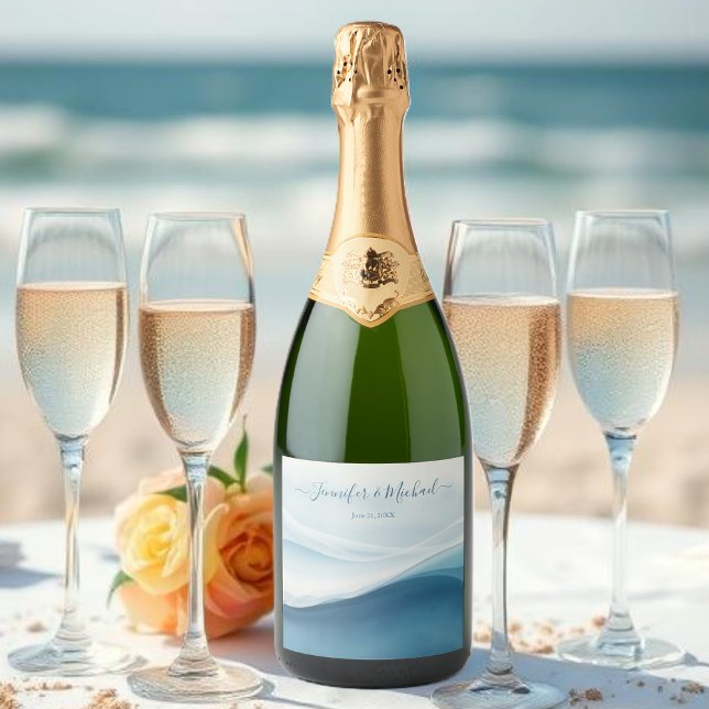 Étiquettes Pour Bouteilles De Vin Mousseux Serene Blue Modern Beach (Serene Blue Modern Abstract Sparkling Wine Label )