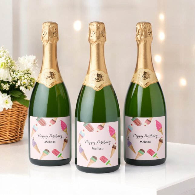 Étiquettes Pour Bouteilles De Vin Mousseux Sucette de glace de l'été rose Party  (Créateur téléchargé)