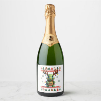 Étiquettes Pour Bouteilles De Vin Mousseux Ugly Xmas Sweater Style Lighting Turtle Christmas 
