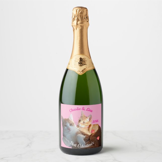 Étiquettes Pour Bouteilles De Vin Mousseux Valentine's Cat Paws Text (Devant)