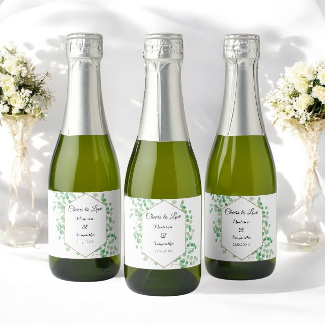Étiquettes Pour Bouteilles De Vin Mousseux Vert Mariage Aquarelle Blanc Vert Mini (Créateur téléchargé)