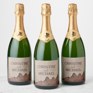 Étiquettes Pour Bouteilles De Vin Mousseux Vintage papier rustique brun montagnes mariage