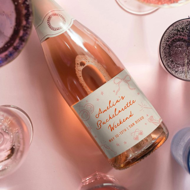 Étiquettes Pour Bouteilles De Vin Mousseux Week-end de célibataire avec croquis rose et rouge (Pink and red bachelorette party sparkling wine bottle labels.)