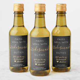 Étiquettes Pour Bouteilles De Vin Pairs Well Bridesmaid Proposition Mini noir et or