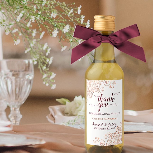 Étiquettes Pour Bouteilles De Vin Rose Gold & Burgundy Frill Mariage Remerciement Mi (Créateur téléchargé)
