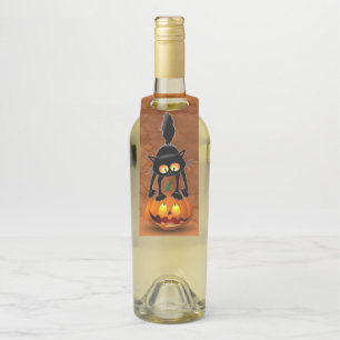 Étiquettes Pour Bouteilles Dessin d'Halloween au chat effrayé sur Citrouille