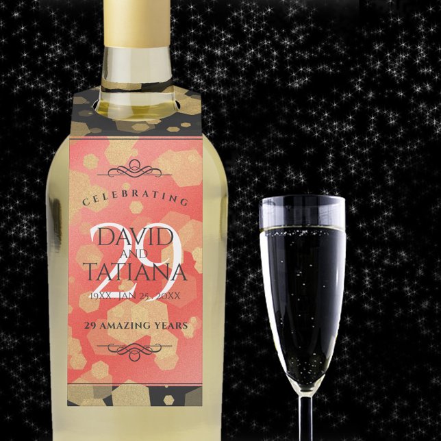 Étiquettes Pour Bouteilles Élégant 29e anniversaire du Mariage Garnet (29th wedding anniversary bottle hanger with champagne flute on a starry night sky.)