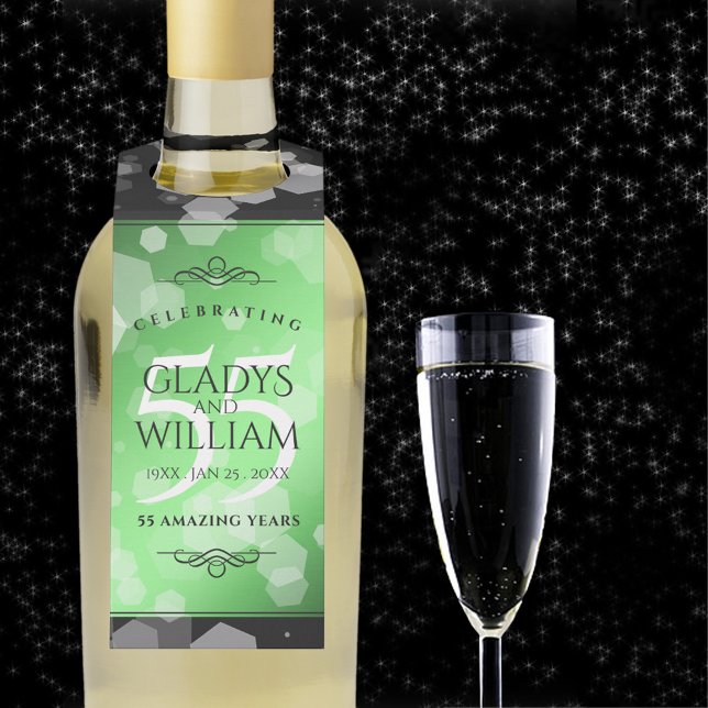 Étiquettes Pour Bouteilles Élégant 55e anniversaire de Mariage d'émeraude (55th emerald wedding anniversary with champagne flute on a starry night sky.)
