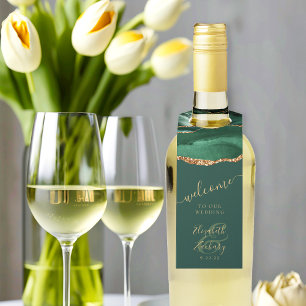 Étiquettes Pour Bouteilles Élégant Agate Émeraude Vert Or Mariage Bienvenue