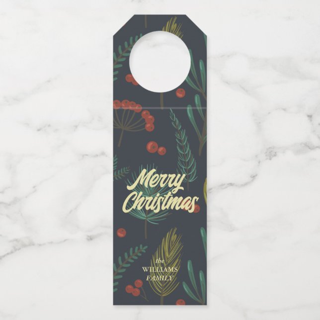 Étiquettes Pour Bouteilles Élégant Joyeux Noël Botanique d'hiver (Devant)