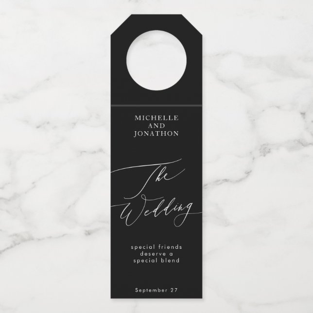 Étiquettes Pour Bouteilles Elégant noir & blanc Mariage de calligraphie moder (Devant)