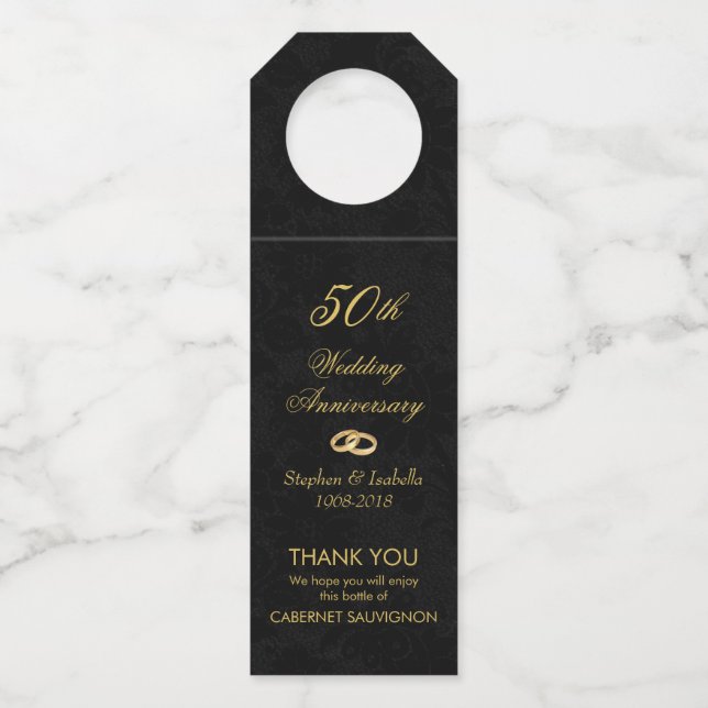 Étiquettes Pour Bouteilles Élégant Or sur Noir 50e Anniversaire de Mariage (Devant)