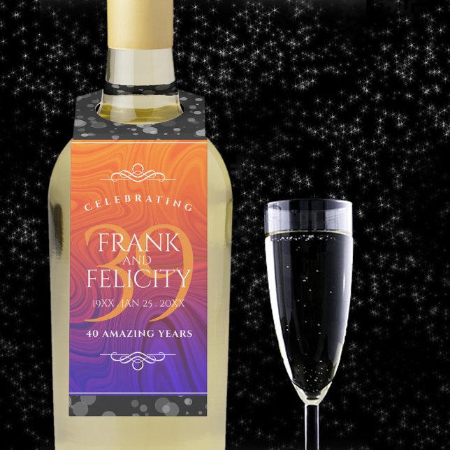 Étiquettes Pour Bouteilles Élégante célébration du 39e anniversaire du Mariag (39th agate wedding anniversary bottle hanger with champagne flute on a starry night sky.)