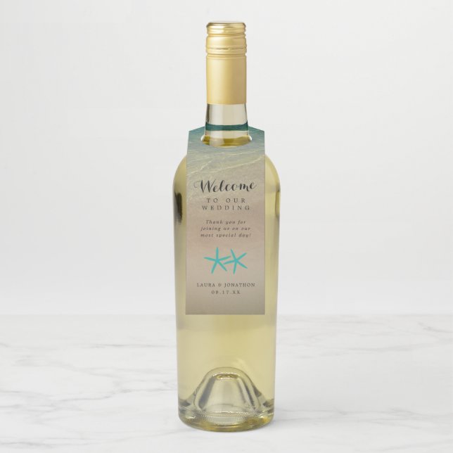 Étiquettes Pour Bouteilles Faveur tropicale de mariage de plage sablonneuse (Sur bouteille)