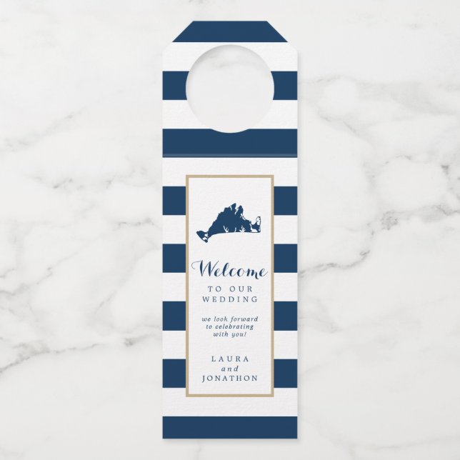 Étiquettes Pour Bouteilles Favori de mariage Gold Blue Stripes Marthas Vineya (Devant)