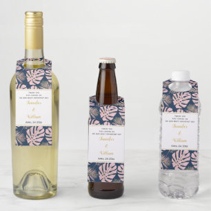 Étiquettes Pour Bouteilles Feuille pois rose et marine tropical mariage