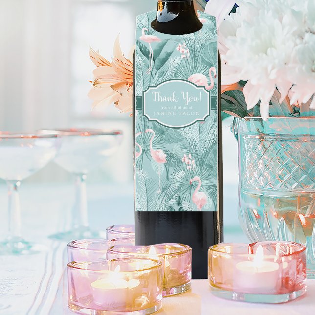 Étiquettes Pour Bouteilles Flamant rose Orchidée Tropical Motif Turquoise ID8 (Wine Bottle In Situ)