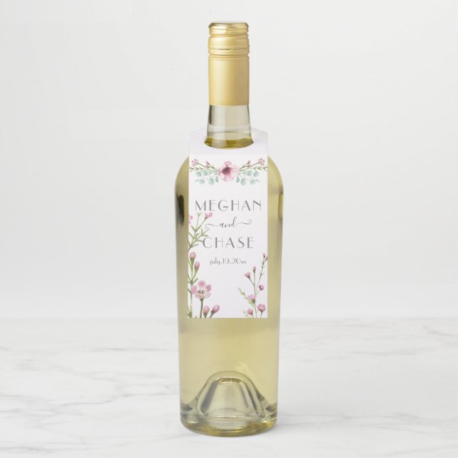 Étiquettes Pour Bouteilles Fleurs d'anémones roses mignonnes et Eucalyptus (Sur bouteille)