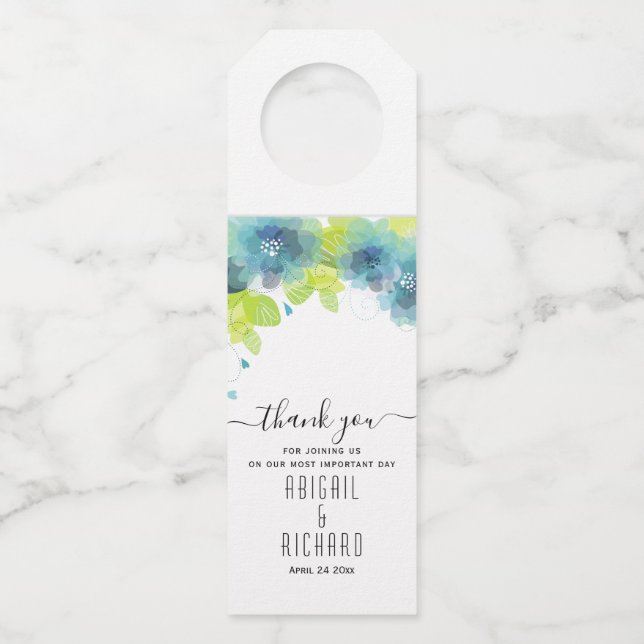 Étiquettes Pour Bouteilles Fleurs printanières bleues et turquoises, mariage  (Devant)