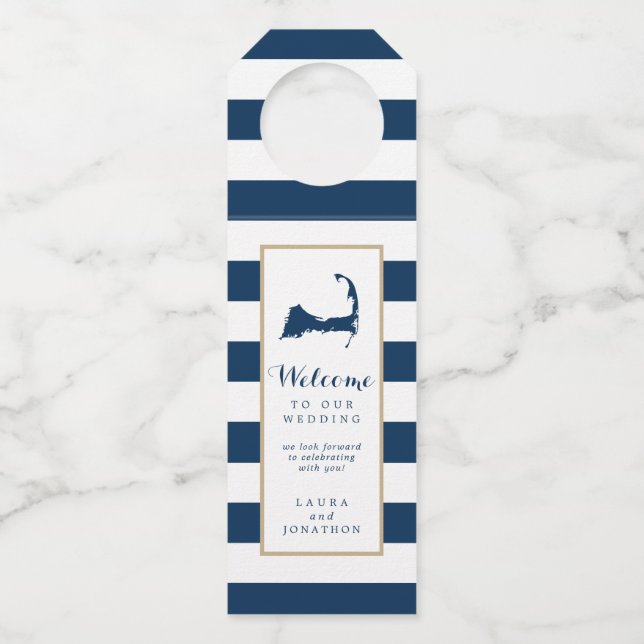 Étiquettes Pour Bouteilles Gold Blue Stripes Cape Cod Mariage Favor Hanger (Devant)